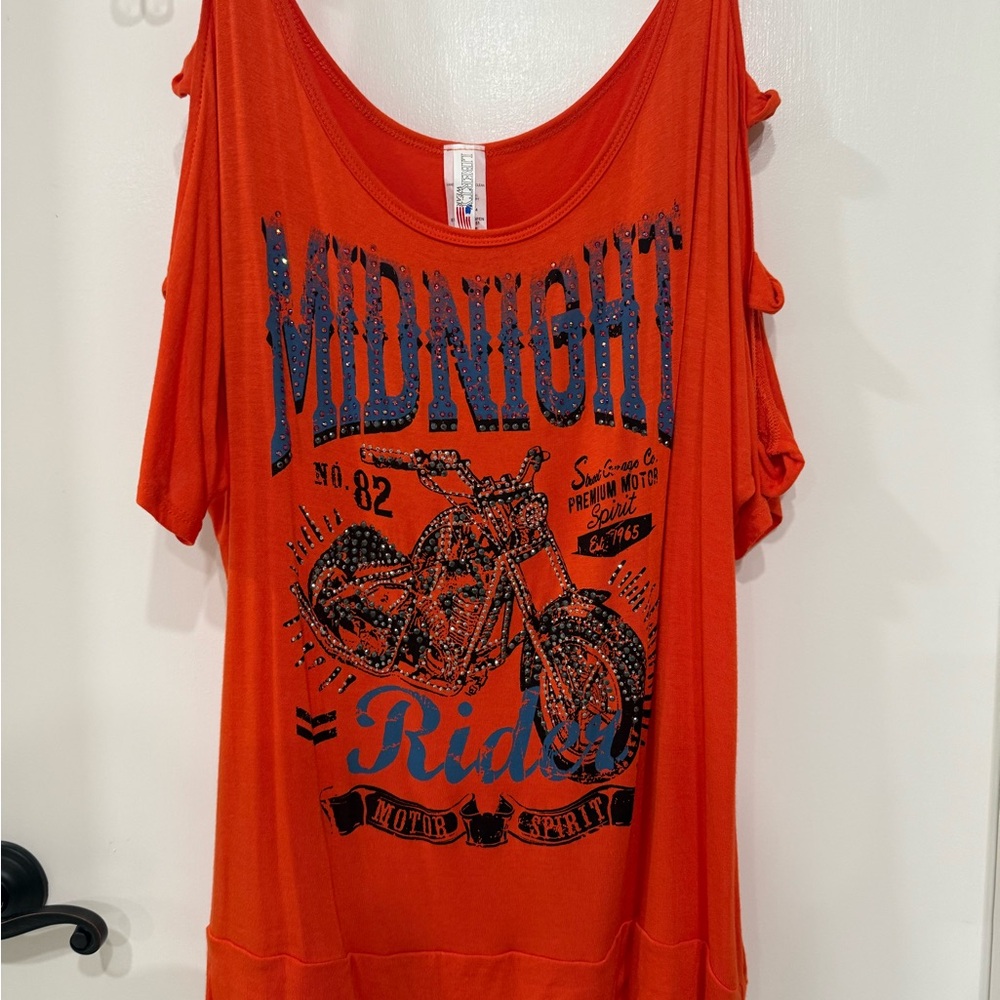 Liberty Wear Vibrant Orange Rhinestone Graphic Tee